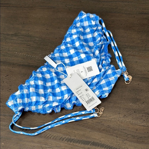 Seafolly US 10 Hipster Tie Side Ciao Bella Check Azure Blue White Gingham Bikini - Picture 2 of 10